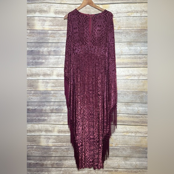 Unique Vintage Burgundy Fringe Flitter Sleeve Burnout Caftan XS NWT - Picture 3 of 7
